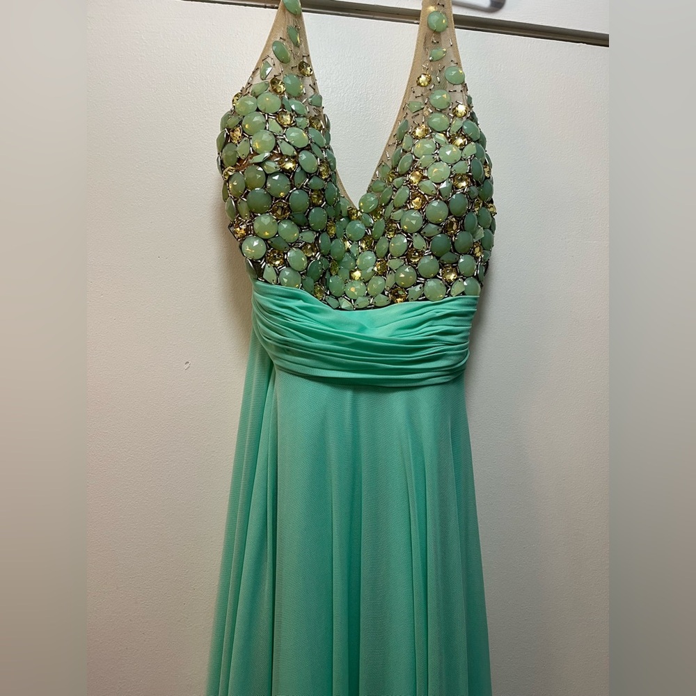 Green Embellished Plunge Prom Gown with invisible bodice